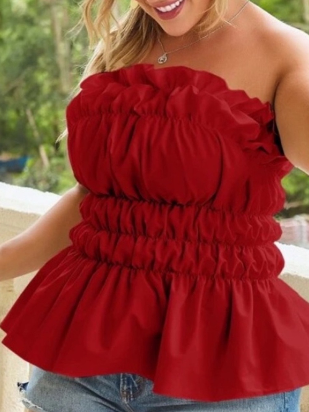 SHEIN Red Strapless Ruffle Smocked Top